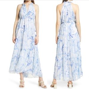 Saylor Annela Tiered Ruffle Halter Marble Print Midi Dress White & Blue Sz M NWT